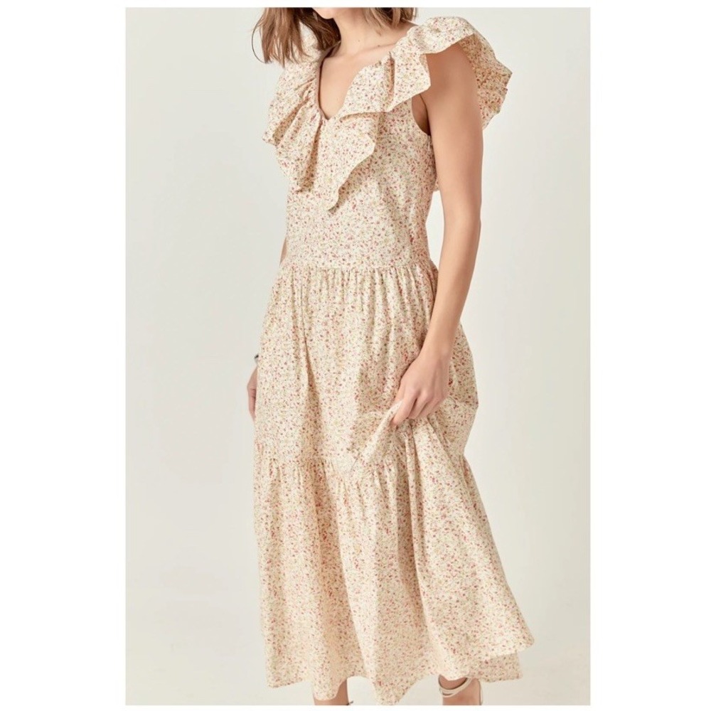 English Factory Floral Ruffled Tiered Midi Dress Size S Romantic Feminine Soft